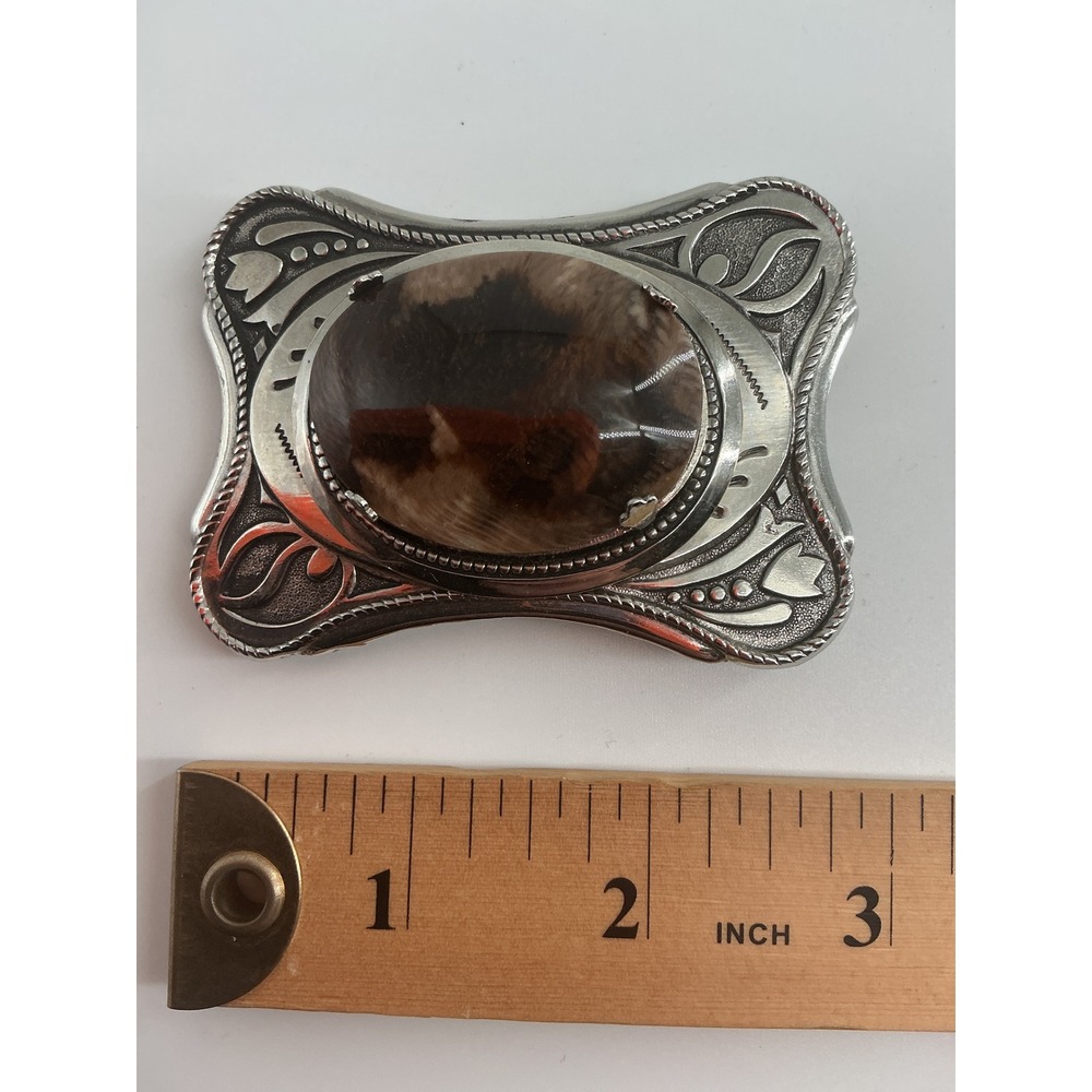 Vintage Western Belt Buckle Silver Tone Floral Engraved Brown Stone Cabochon